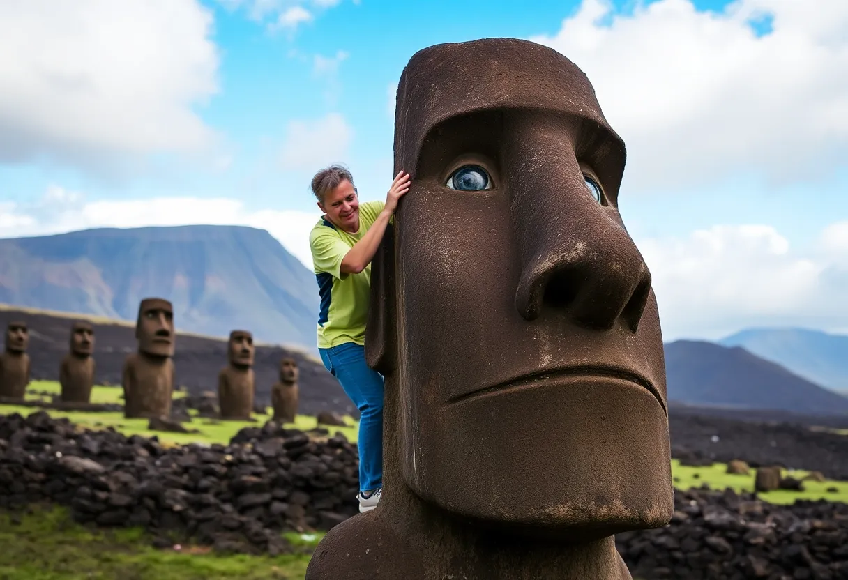 Aventurero trekking en la costa de Isla de Pascua rodeado de naturaleza y moáis