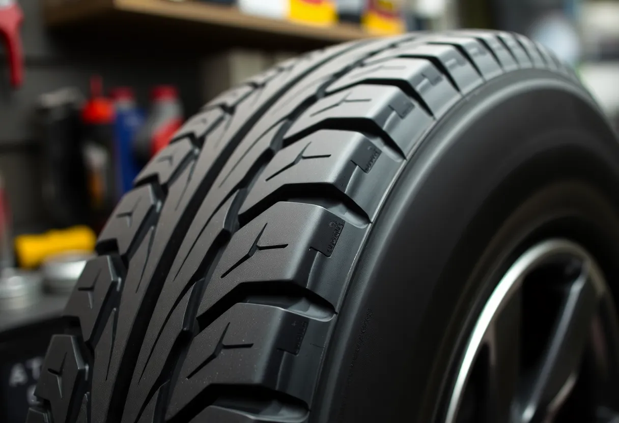 Detalle de diseño y calidad de una llanta Dunlop en un taller