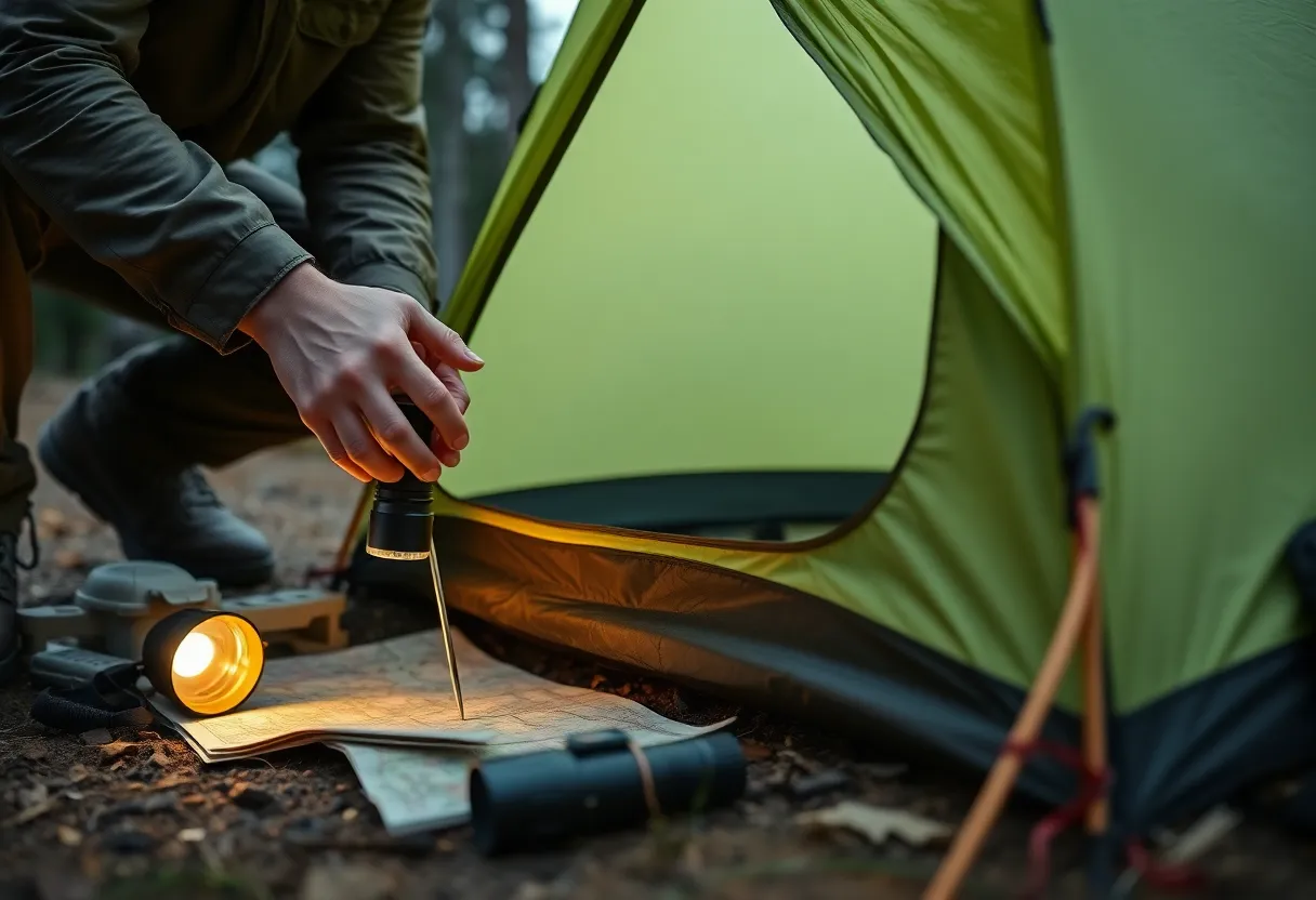 Equipo de Campamento Equipo de campamento organizado dentro de una carpa