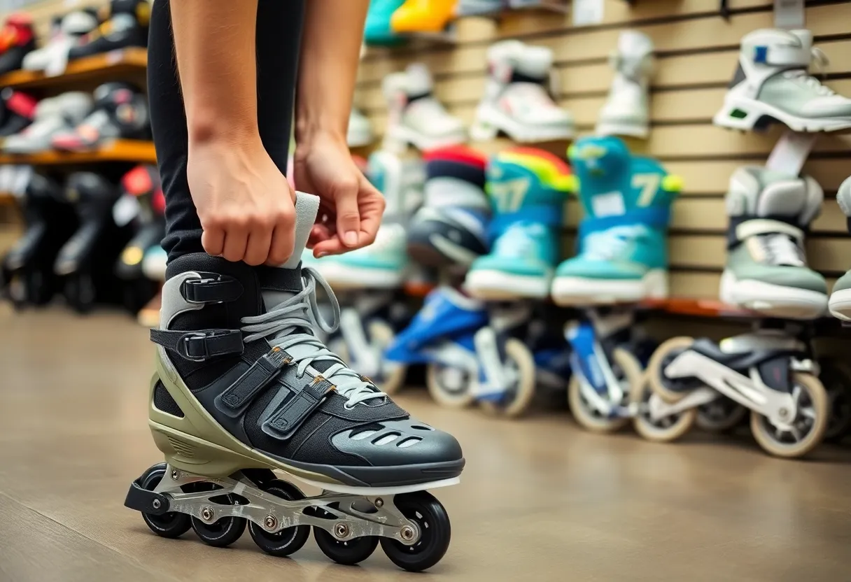 Patines en línea avanzados en una tienda, mostrando detalles de ruedas y frenos.