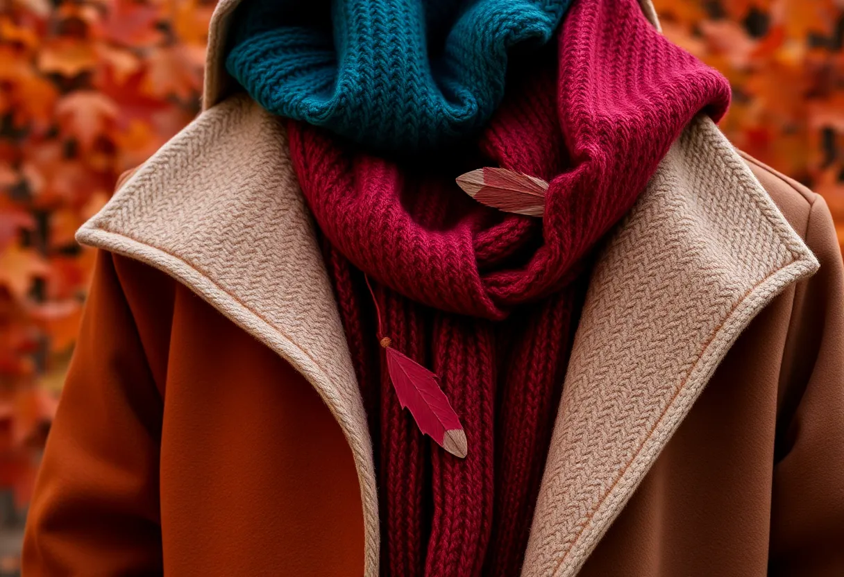 Prendas de otoño Prendas de otoño: suéter de punto grueso, bufanda y botas en tonos otoñales