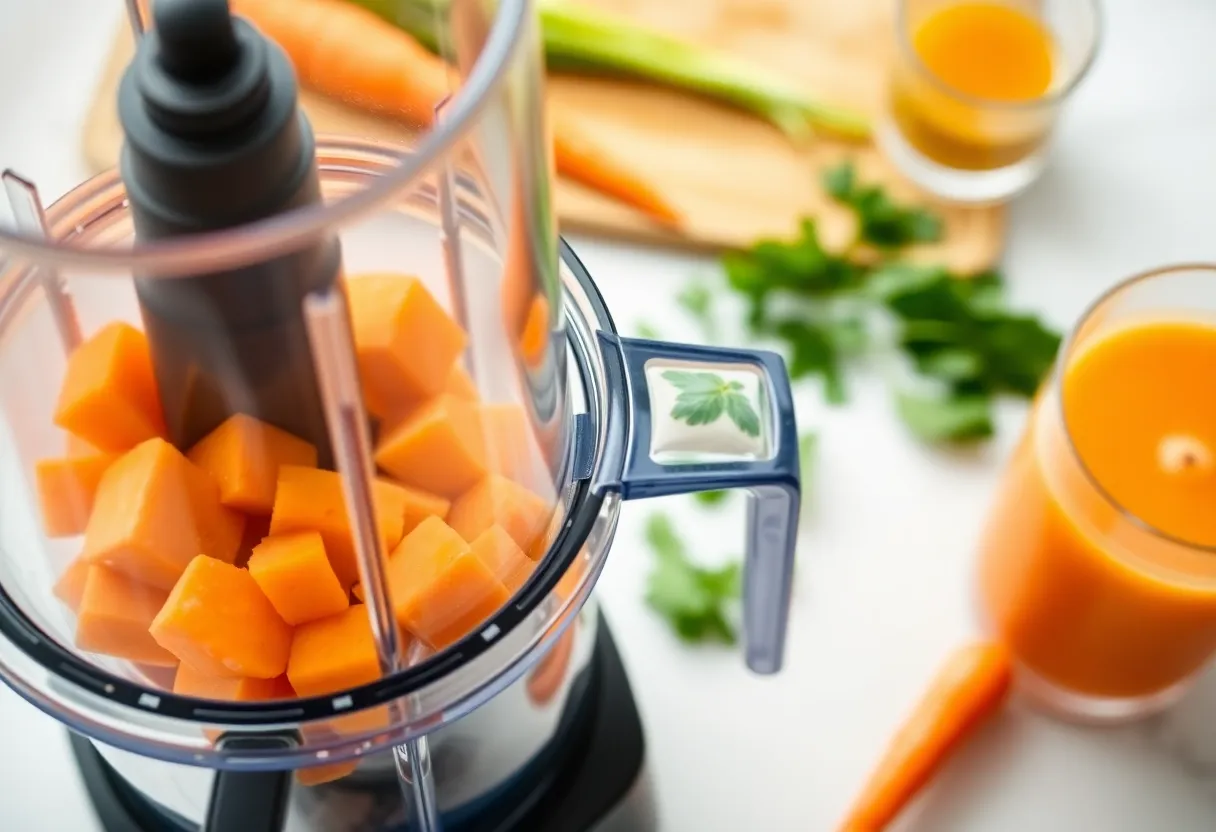 Receta de jugo saludable con zanahoria y otros ingredientes frescos Receta de jugo saludable con zanahoria y otros ingredientes frescos en la licuadora