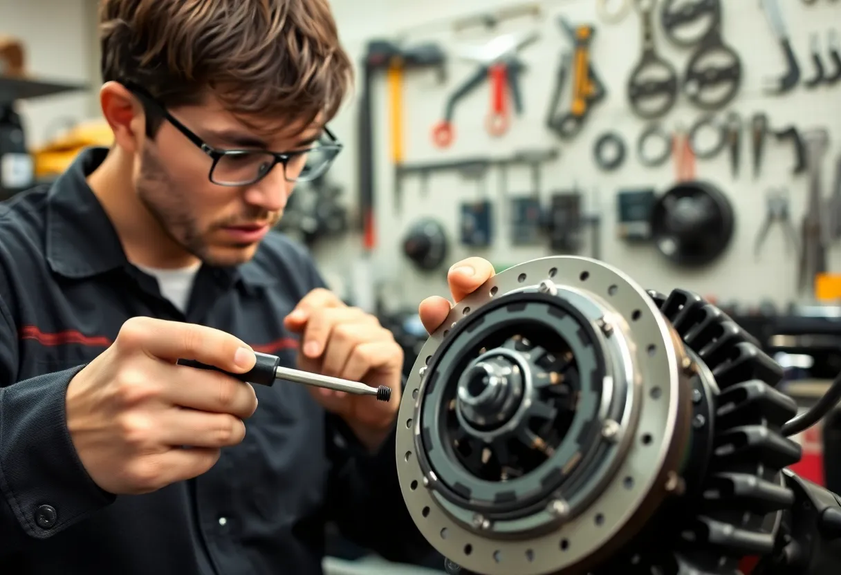 Reparación de Clutch: Mecánico trabajando en el embrague de una motocicleta