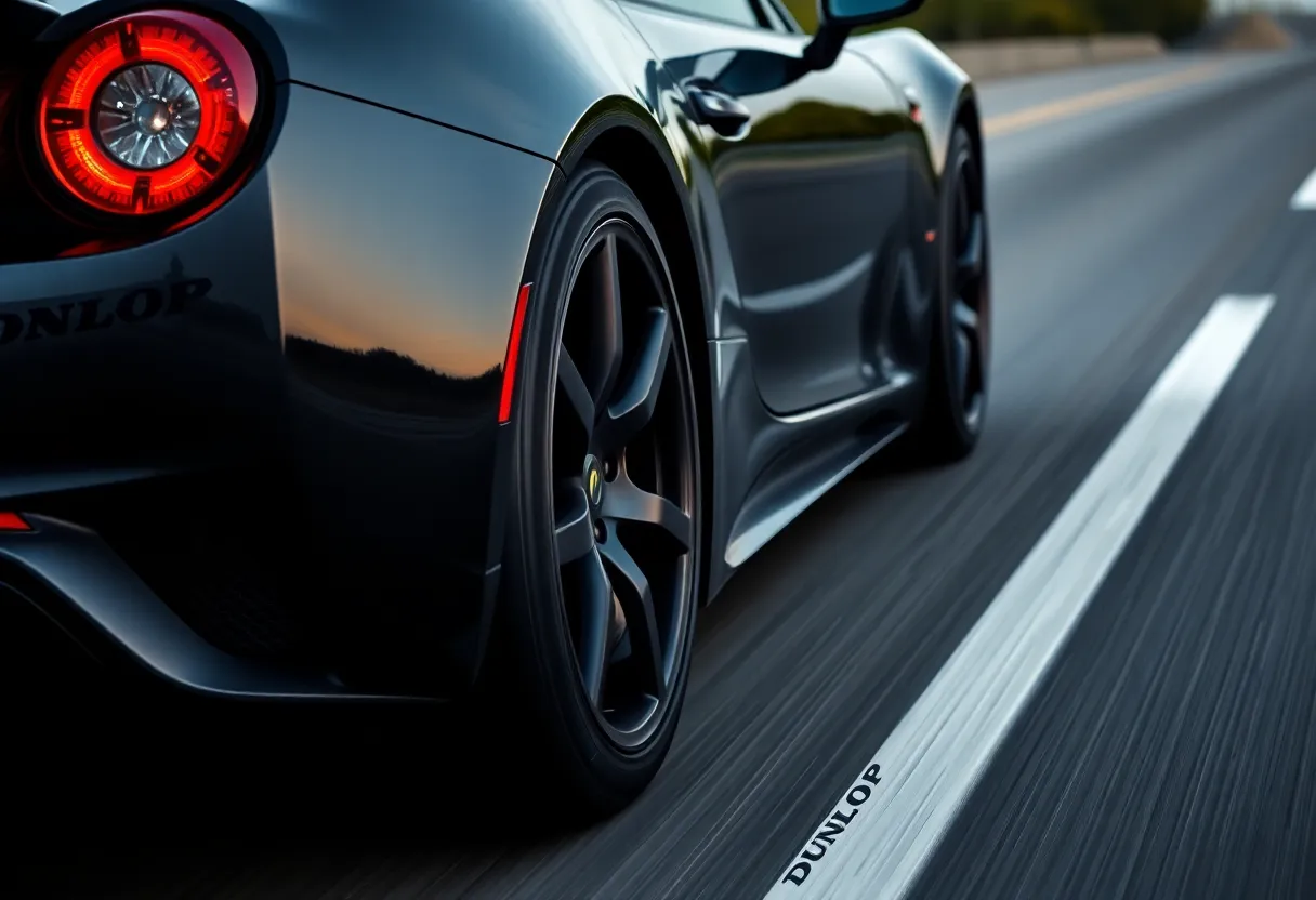 Una llanta Dunlop mostrando su patrón de banda de rodadura en un taller automotriz