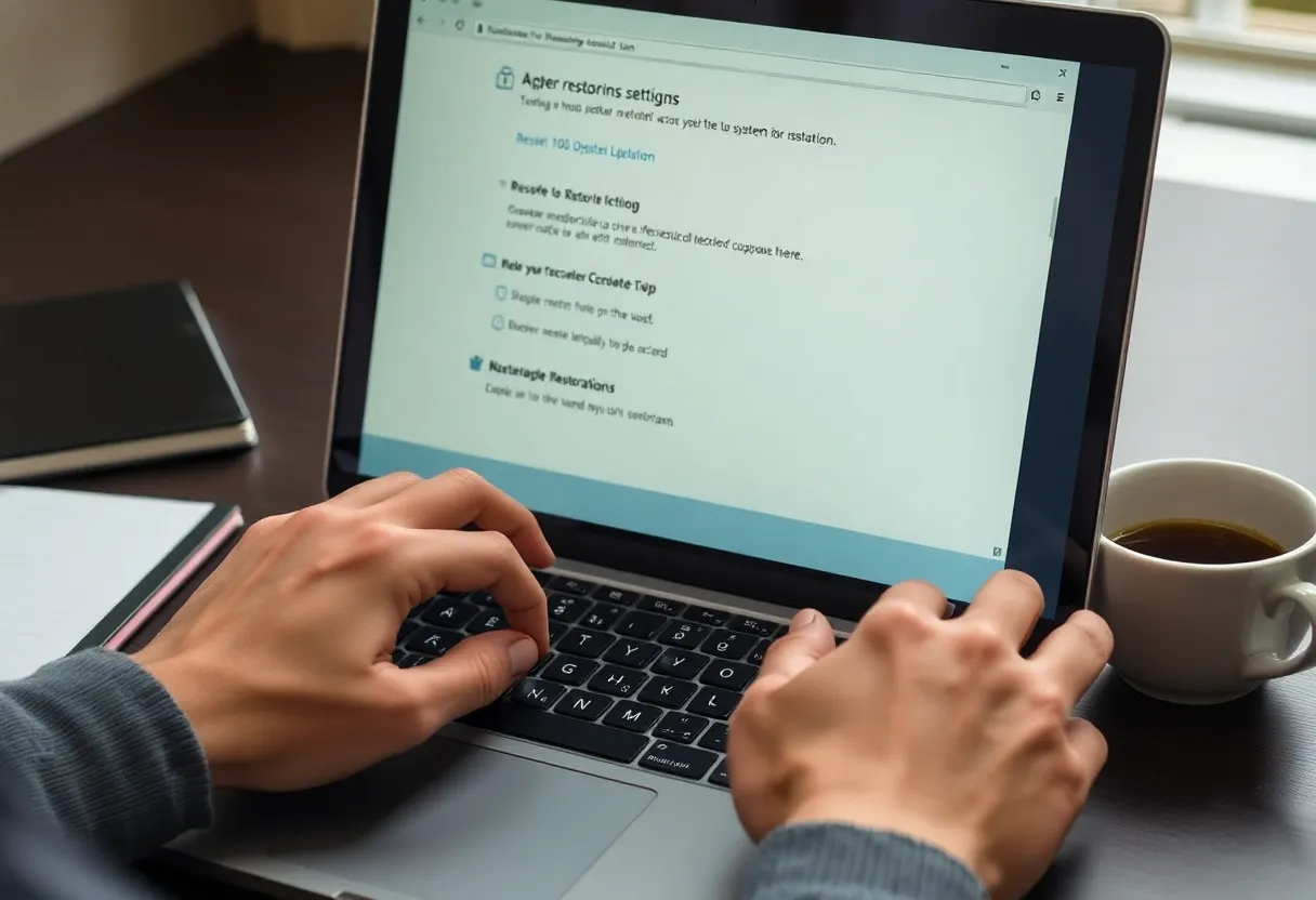 restaurar laptop: persona con una taza de café usando la laptop